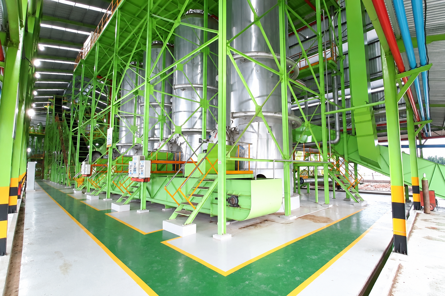 Green-framed industrial sterilizer facility